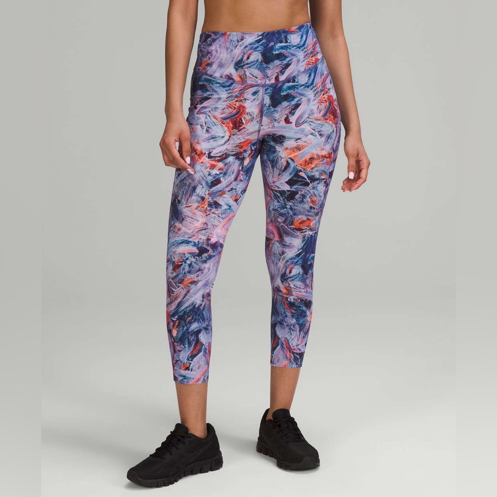 Lululemon Base Pace High Rise Crop NWT 23" Size 2 Purple/Blue/Red Brush Pattern